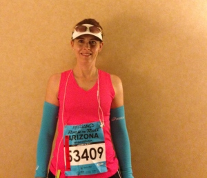 Race day attire. I chose well - shorts and tank top were perfect.  Arm sleeves kept me warm for the first 10 miles.